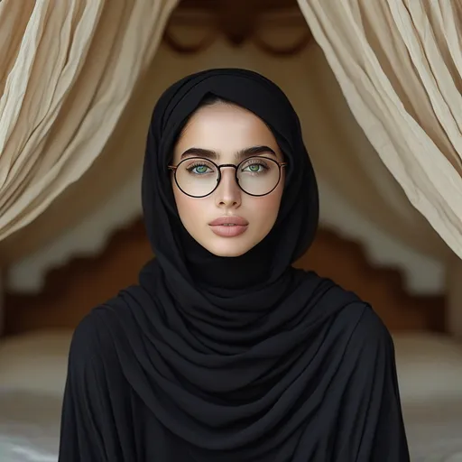 Prompt: A beautiful young Arab woman, wearing glasses, wearing black hijabs, short robe up to mid thighs, feet showing, serious face, on laying down, on large canopy bed, thin body, barefeet, serious face, barefoot, full body view, feet showing, 
