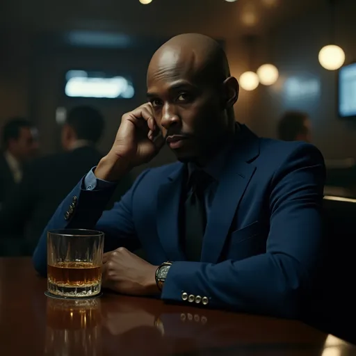 Prompt: Light skin black bald man, cinematic shot of him in a blue suit, no tie, sitting alone at a corner booth in a dimly lit bar. He rests one hand on a whiskey glass, the other casually on the table. The bar has soft lighting, shadows creating a moody atmosphere. His expression is contemplative, focused on the glass. The surrounding space is quiet, with a few blurred figures in the background, adding to the solitude of the scene. Ultra-realistic, 4k, cinematic