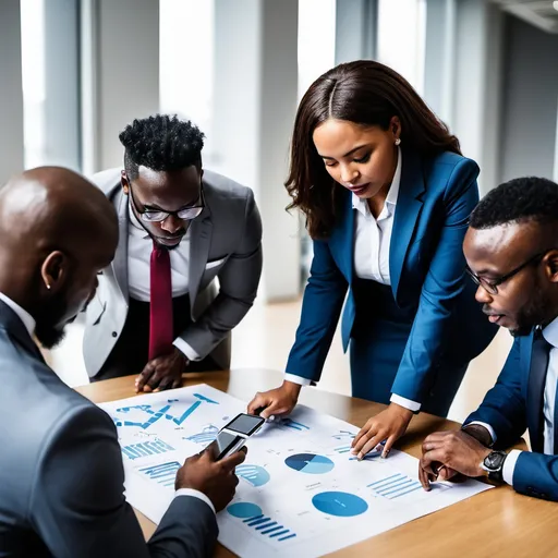 Prompt: Black african american corporate professionals looking at a diagram chart on a table during a training session with a phone on the table

