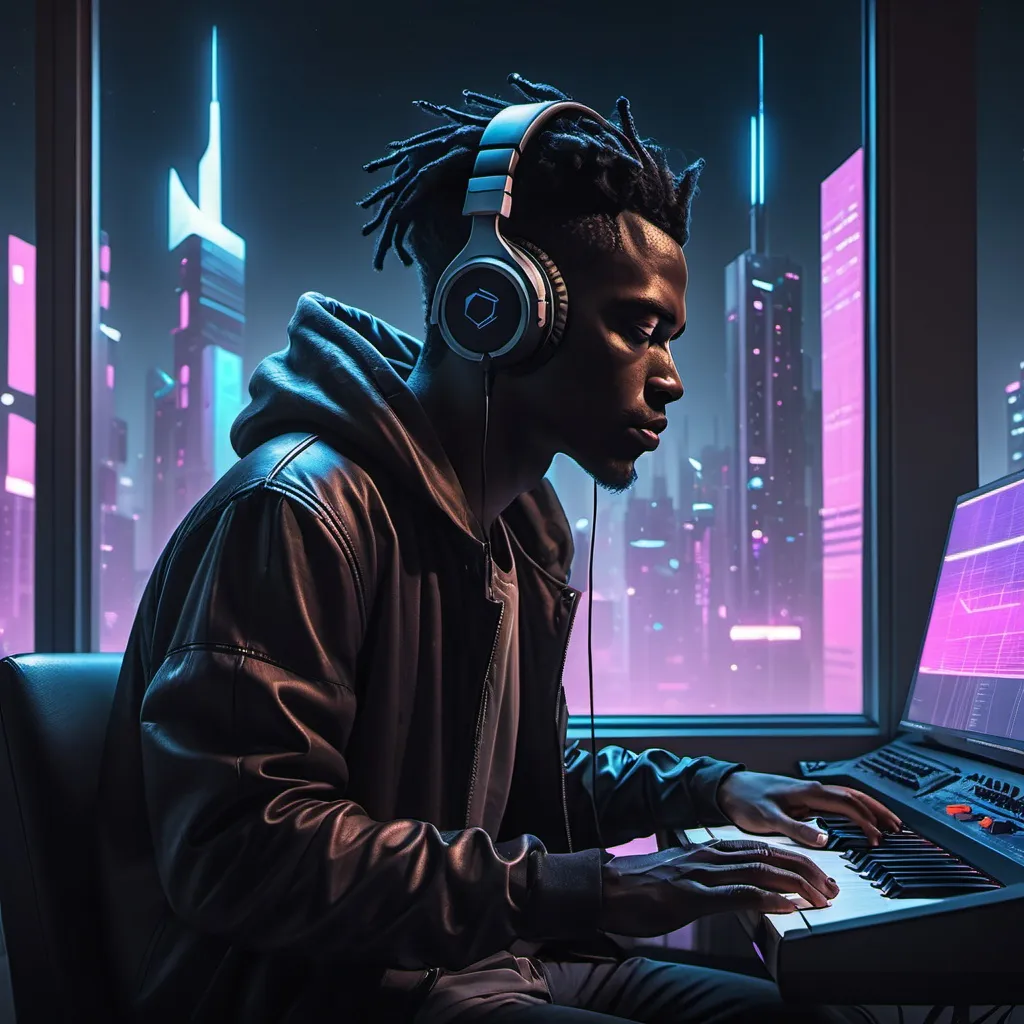 Prompt: Black guy, cyberpunk, future city, night, window, professional composer, headphone, cubase, daw, guitar