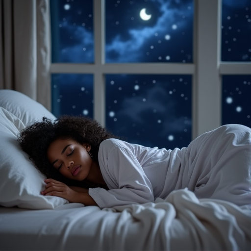 Prompt: Beautiful black Woman, white nightgown,  sleeping in bed if shades of gray color, background is huge bedroom window revealing night sky, the woman’s face is facing the viewer, the woman’s legs and thighs are partially covered by the sheets.