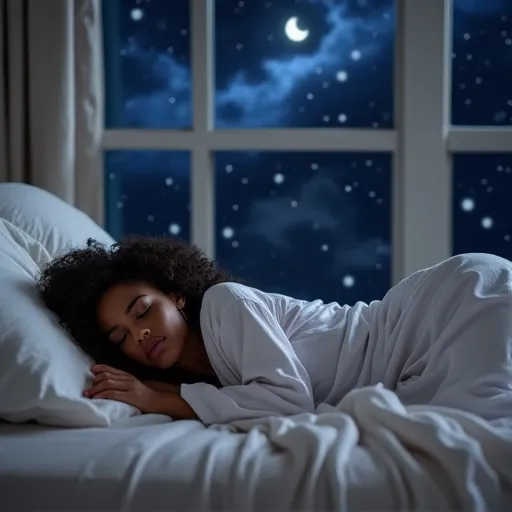 Prompt: Beautiful black Woman, white nightgown,  sleeping in bed if shades of gray color, background is huge bedroom window revealing night sky, the woman’s face is facing the viewer, the woman’s legs and thighs are partially covered by the sheets.