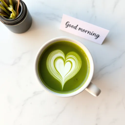 Prompt: A large table with a mug with green tea and cream in the green tea forms a white heart pattern. A card that says "Good morning" is on the table