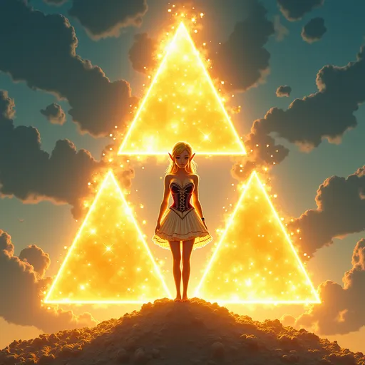 Prompt: The triforce, from “the legend of Zelda”, three golden triangle together form a triangle, heavenly, radiating power, the triforce glows in the sky, Princess Zelda sits on top of the triforce, Zelda is wearing a beautiful corset dress that is short cut, she is barefoot, she has a deviant smile.