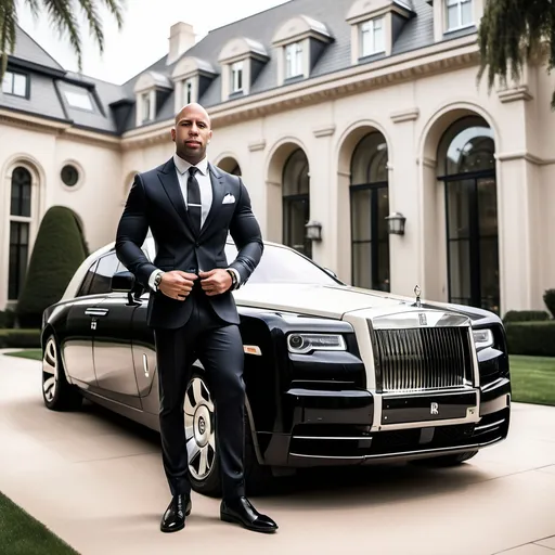 Prompt: A multibillionaire 39 years old light skinned black bald man standing in front rolls Royce phantom in front of a luxurious mansion, the man is dressed in a stylish tailored fitted suit