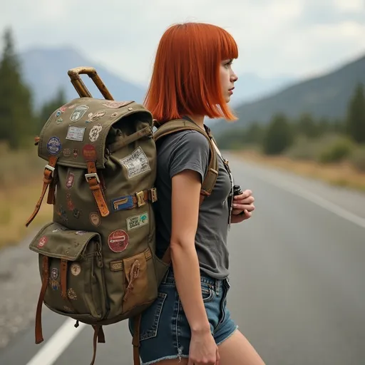 Prompt: Young woman with straight, shoulder length red hair, carrying a large worn backpack with patches and stickers on it, she is also carrying a trombone, see is wear shorts and a tight t shirt, walking alongside a remote road, hitchhiker