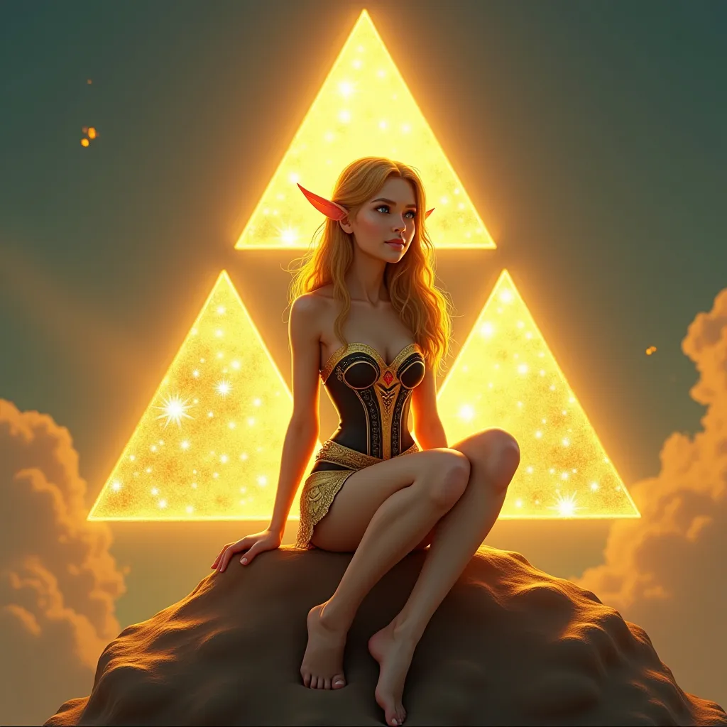 Prompt: The triforce, from “the legend of Zelda”, three golden triangle together form a triangle, heavenly, radiating power, the triforce glows in the sky, Princess Zelda sits on top of the triforce, Zelda is wearing a beautiful corset dress that is short cut, she is barefoot, deviant smile, large breast
