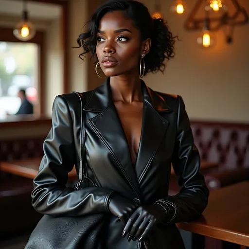 Prompt: Beautiful creased black leather blazer with a glossy patina on a beautiful young black woman, striking jumbo lips, jacket reflecting orangish background light in its creases, tight black leather gloves, large creased soft black leather hobo bag at her side, waiting in a English tea house.