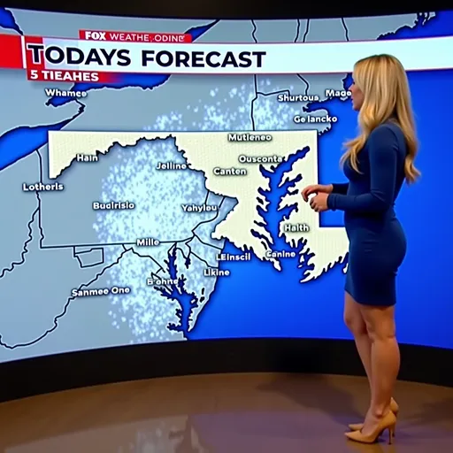 Prompt: Weather lady presenting the forecast on TV, long blond hair, title on screen is ‘Todays forecast’ she is standing on the left side of the screen, fox weather channel, showing the temperatures in different cities on a map of Maryland, there are snowy conditions on the map, the lady is in a form fitting short blue dress, she has on tan colored very tall high heels