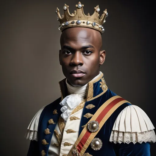 Prompt: A portrait of a bald fair skin, biracial black male dressed as an early 1800s French King. He is wearing a crown, dressed in majestic royal clothing, he has a striking stare that exudes power and dominance, the portrait display is from the waist up