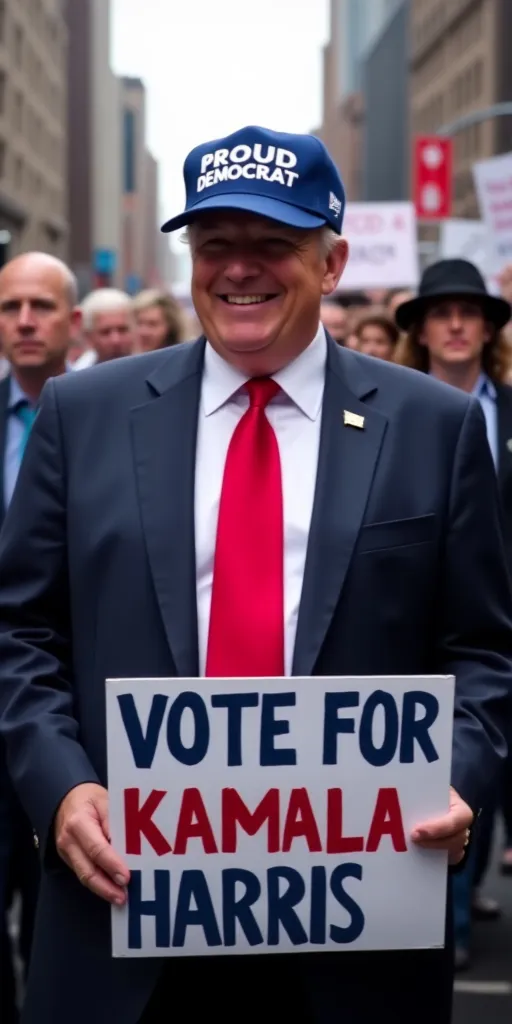 Prompt: Donald Trump wearing a suit with red tie smiling, Trump is standing in a large crowd of people in New York, he is holding a sign saying “vote for Kamala Harris”, he is wearing a blue baseball hat that says “Proud Democrat” in white letters, Trump is smiling.