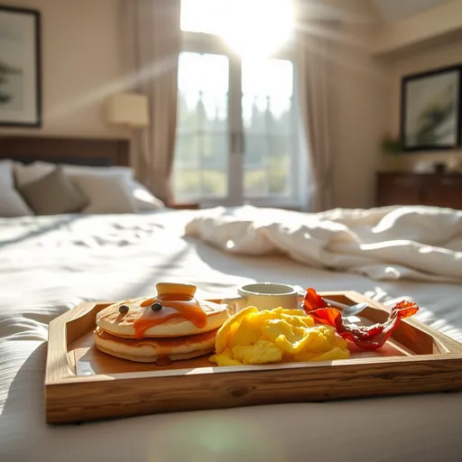 Prompt: Good morning, light shining through a bedroom window into a large bedroom. There is a wooden tray with an eloquent breakfast of pancakes with syrup, scrambled eggs and bacon.