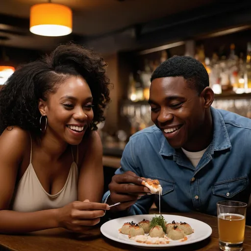 Prompt: A black couple at a bar enjoying an appetizer together