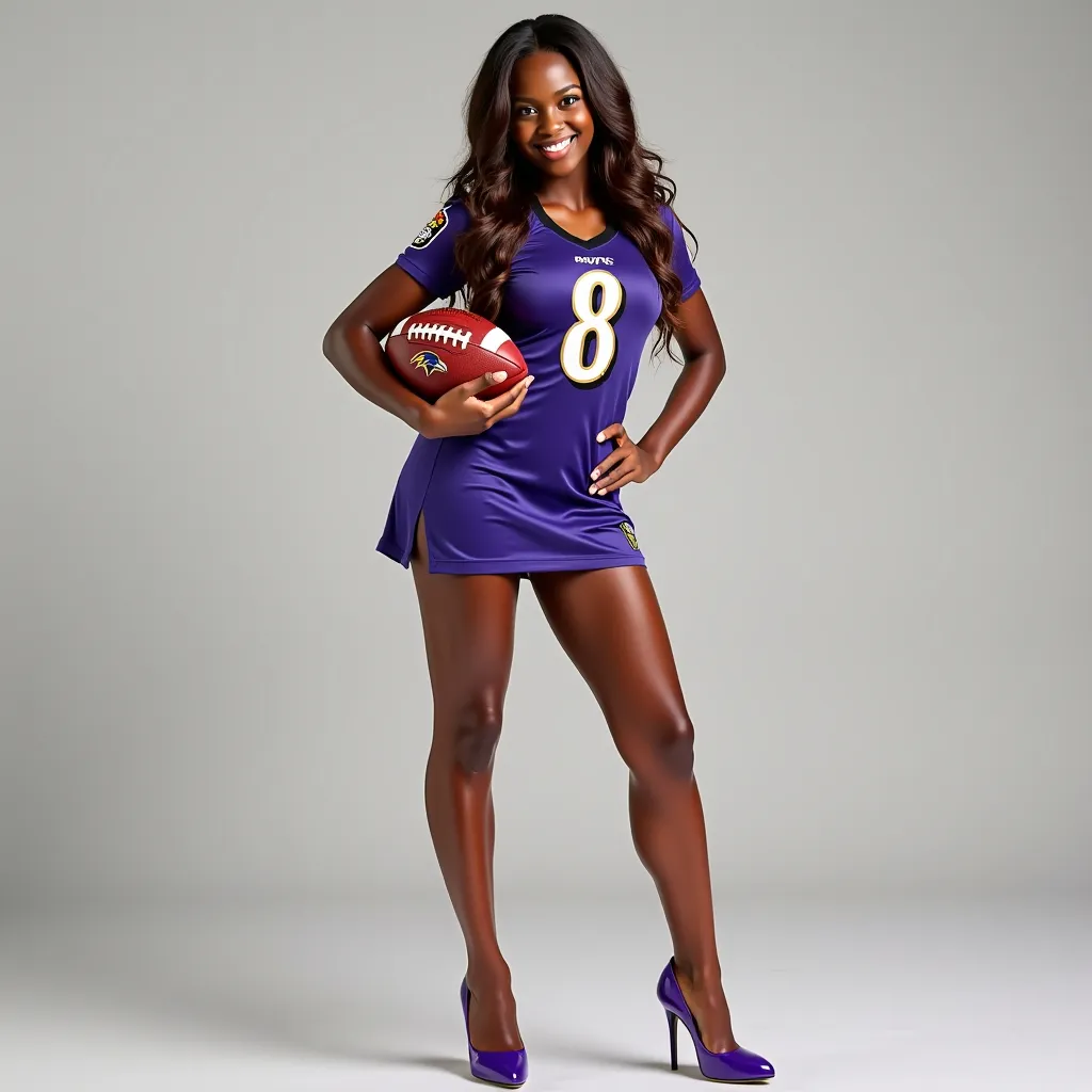 Prompt: A light skinned beautiful black woman has on a short Raven football jersey dress with a number 8, she is wearing purple high heels and holding a football, smiling face, long brown hair, full body view 