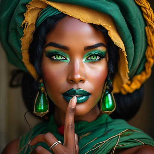 Prompt: African Esmeralda (The Hunchback of Notre-Dame), mysterious smile, full body view, memorizing green eyes, finger index finger is over her lips "secret"