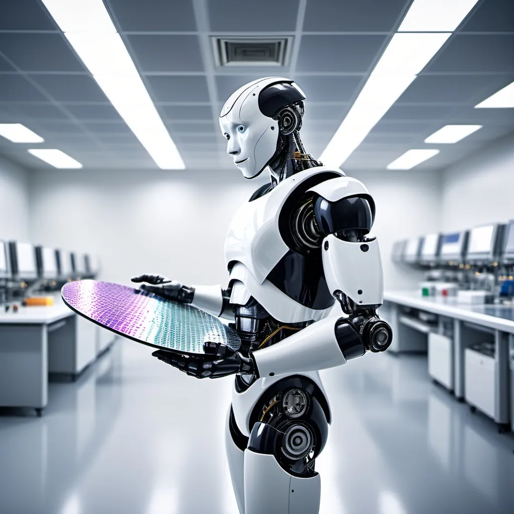 Prompt: A male robot half black man cyborg, in a large semiconductor clean room lab lab holding a 12 inch silicon wafer, the wafer is colorful and reflective, the man is standing up, side view, looking away from viewer