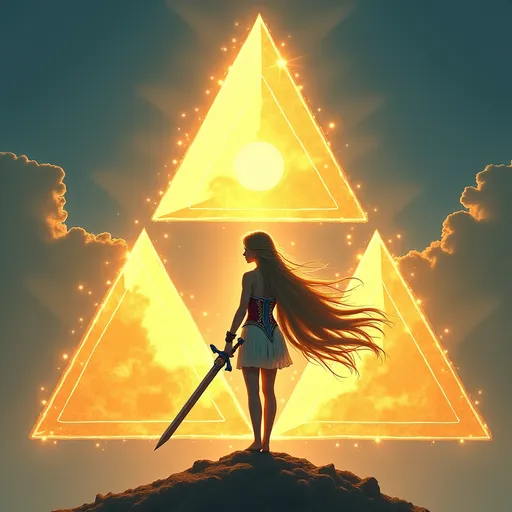 Prompt: The triforce, from “the legend of Zelda”, three golden triangle together form a triangle, heavenly, radiating power, the triforce glows in the sky, Princess Zelda is holding a long broadsword guarding the triforce, Zelda is wearing a beautiful corset dress that is short cut, she is barefoot, her hair is long and flowing.