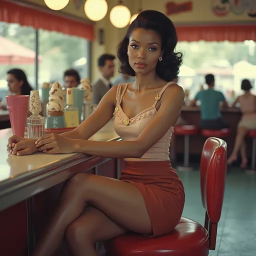 Prompt: 1950s newspaper advertisement style photo, attractive black woman, light skin full body pic, wearing a short skirt, high heels, legs crossed sitting a medium crowded 1950s style, ice cream diner, sitting at the bar