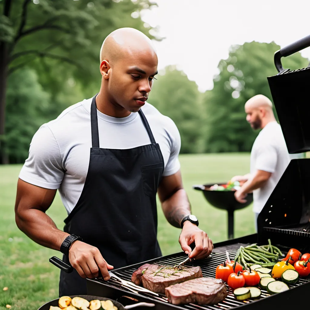 Prompt: Young bald light skinned black man, outside grilling steak and small chopped vegetables