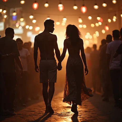 Prompt: Crowed bar two lovers, Indian man black women, Indian man and , African woman, lovers, walking holding hands
