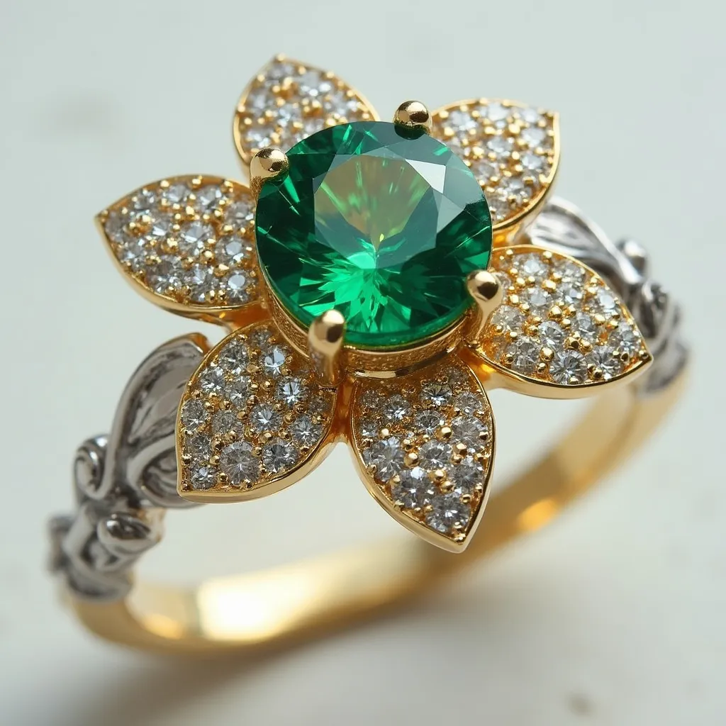 Prompt: A luxurious gold ring with a green diamond center and clear diamond petals surrounding it- making it look like a flower, silver vines on the band.