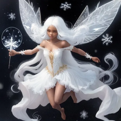 Prompt: Black biracial beautiful woman fairy, energy radiating from body, very long hair down to her knees, flying slightly above the ground, floating, celestial face, eloquent form fitting fancy white dress, floating over over a snow covered field, hovering in flight, realistic, snowflakes are falling very long straight white hair, hair is down to the ground, masterpiece quality, black young woman fairy, fairy clothes holding magic wand with a snowflake at the top, big wings, serious face, petite, barefoot, seductive smile, realistic, mystical, 