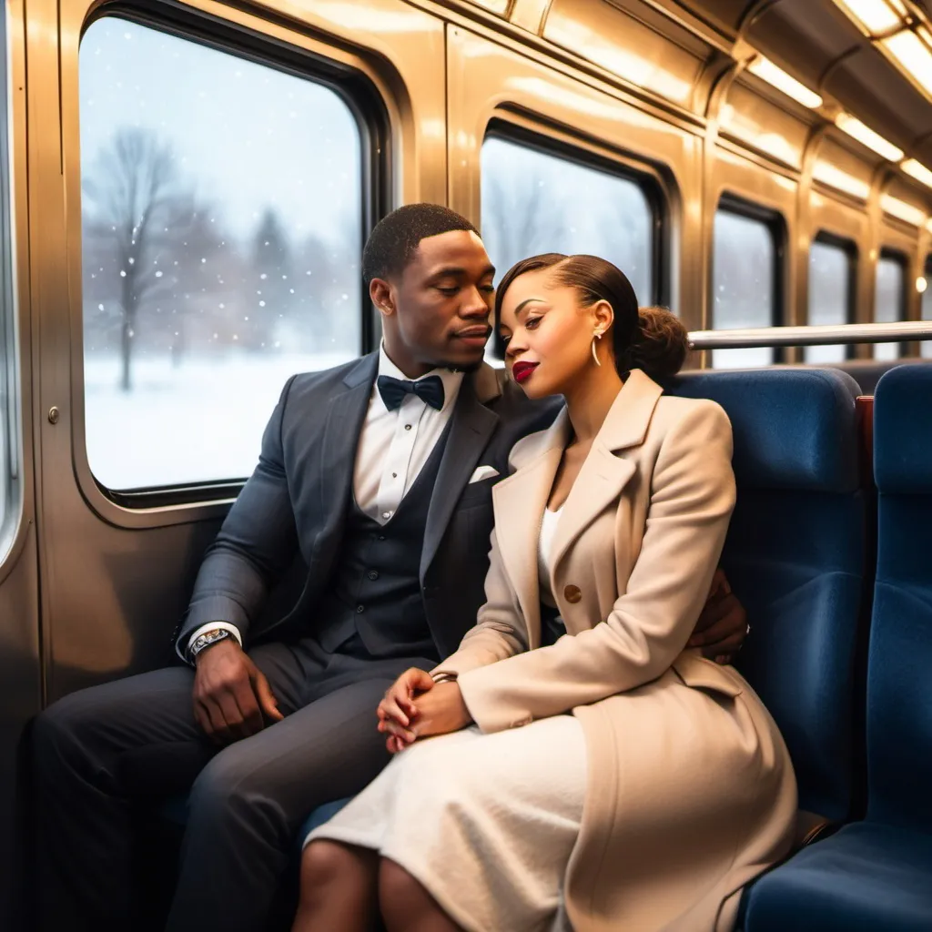 Prompt: A young mid thirties well dressed African American couple sitting together on a train, romantic, beautiful light skin woman, the man is looking out the window, large train window, snowy outside, warm train, Christmas time, nightime