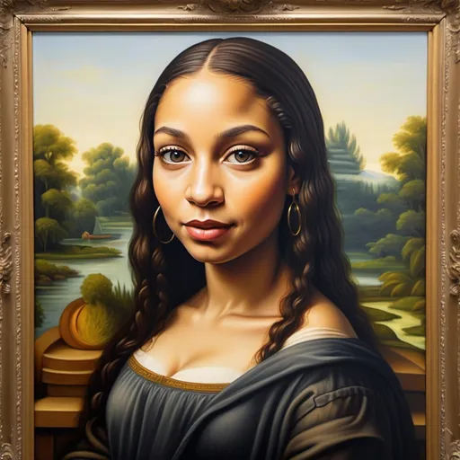 Prompt: A painting of a light skinned black woman made to look like the Mona Lisa, full painting in frame, oil painting