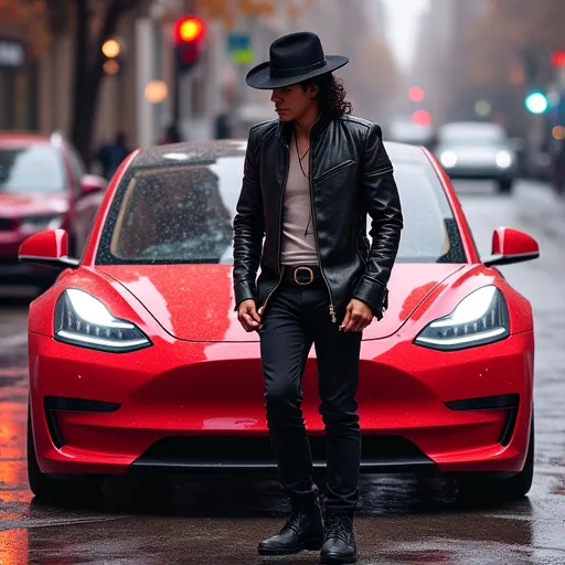 Prompt: Micheal Jackson in thriller outfit, standing in front of a futuristic Tesla car, the Tesla is Spray painted with the word “thriller”