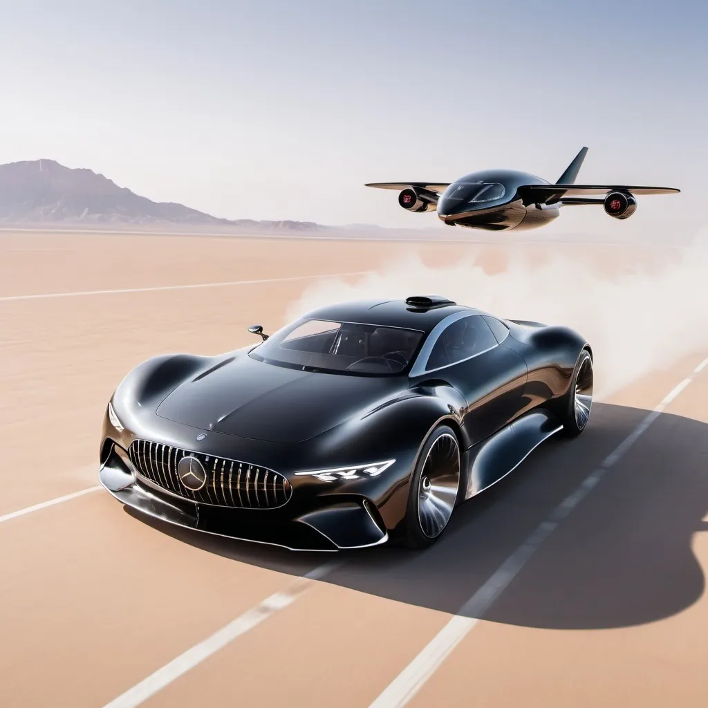 Prompt: 
Black concept car, Mercedes Benz, flying car, car on airplane runway,driving fast, desert background,