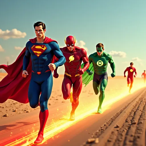 Prompt: Superman and “the flash” and the “green lantern” action hero’s are in a high speed foot race, on a remote desert road, serious faces, the action hero’s have a trail of colored light emerging from the road behind them, intense, graphic faces, side view