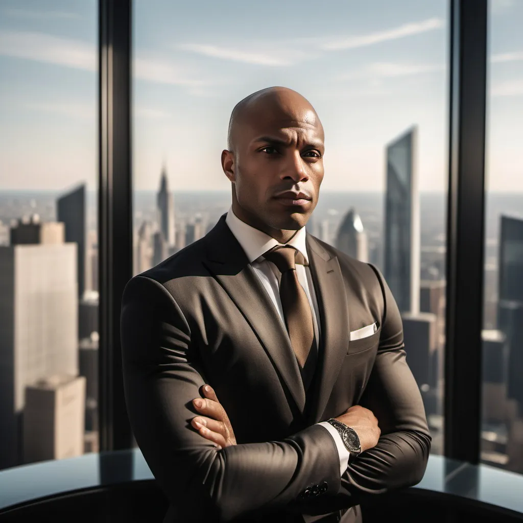 Prompt: A handsome a 35-year-old bald light skin black man with sharp jawlines and piercing brown eyes. He wears a tailored black suit, exuding an aura of power and confidence, standing in his luxurious office, looking out over the city skyline through floor-to-ceiling windows, his expression stoic as he contemplates his empire