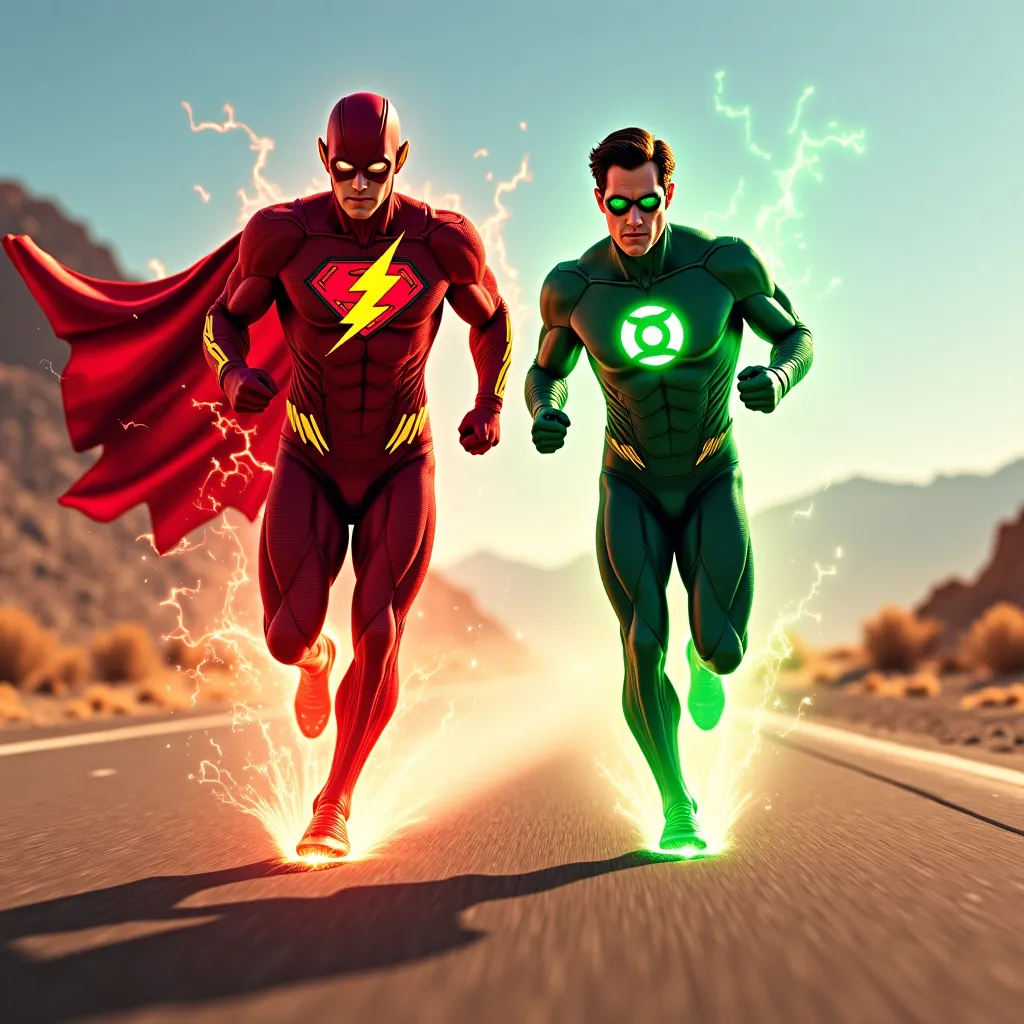 Prompt: Superman, “the flash” and the green lantern action hero’s are in a high speed foot race, on a remote desert road, serious faces, both action hero’s have a trail of red or blue light emerging from the road behind them, intense, graphic faces, side view