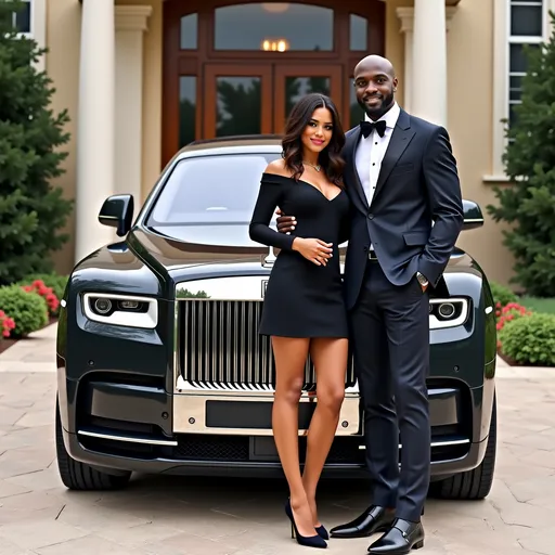 Prompt: A multibillionaire 39 years old light skinned black bald man standing in front rolls Royce phantom in front of a luxurious mansion, with arms around a gorgeous short woman with light skinned black woman with shoulder length hair, the woman has on a black short dress and high heels, the man is dressed in a stylish tailored fitted suit