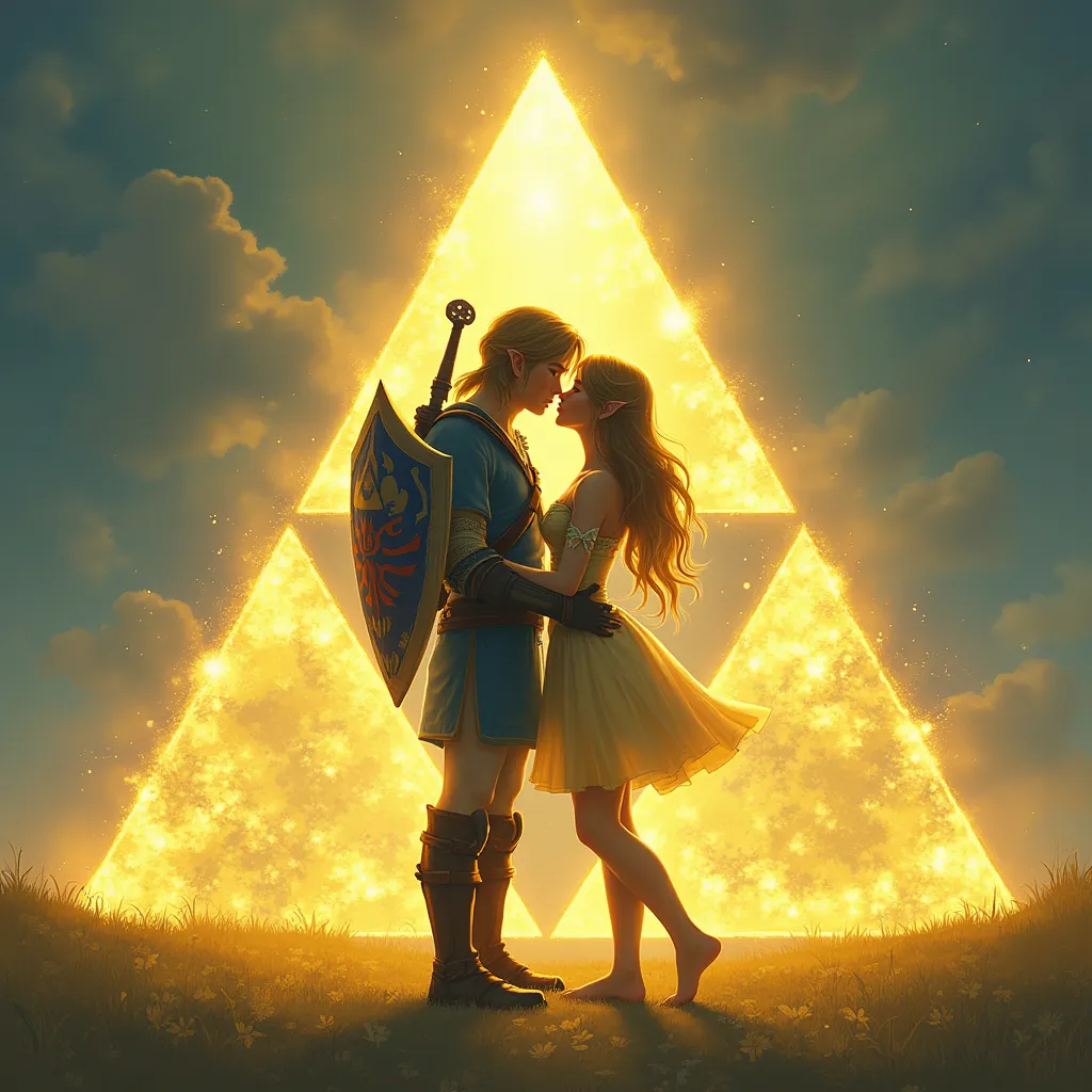 Prompt: The triforce, from “the legend of Zelda”, three golden triangle together form a triangle, heavenly, radiating power, the triforce glows in the sky, Princess Zelda is kissing the knight Link, Zelda is wearing a beautiful corset dress that is short cut, she is barefoot, her hair is long and flowing.