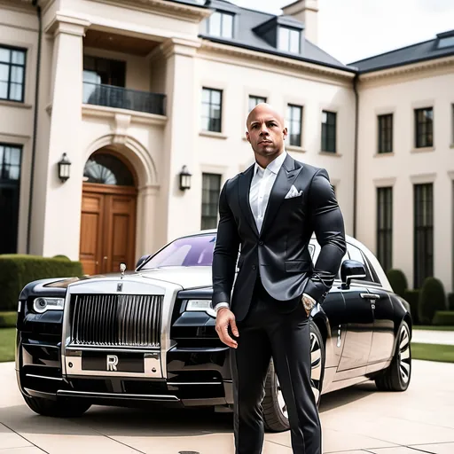 Prompt: A multibillionaire 39 years old light skinned black bald man standing in front rolls Royce phantom in front of a luxurious mansion, the man is dressed in a stylish tailored fitted suit