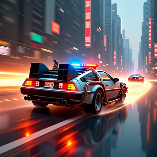 Prompt: Car from the “back to the future” movie, futuristic city background, the car is traveling at a very high speed taking off in flight,the “back to the future” car is in a high pursuit chase with two futuristic police cars