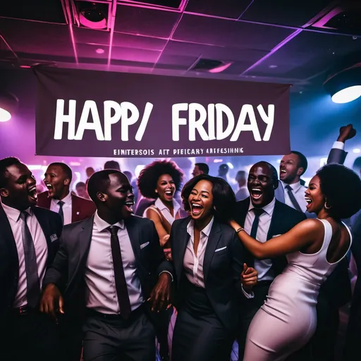 Prompt: Black african american corporate professionals at a nightclub on the dance floor. A banner hanging across the ceiling reads "Happy Friday"


