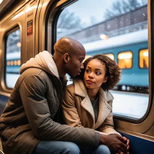 Prompt: A young African American couple sitting together in a train station, romantic, beautiful light skin woman, striking bald man, the man is looking out the window, large train window, snowy outside, warm train, Christmas time, nightime