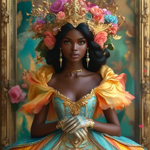 Prompt: fantasy princess, (vibrant colors), (detailed features), slender small waist, 30-year-old light skinned black woman, wearing a (sequence patterned empire dress),, adorned with glamorous gloves, (emerging from a life-size playing-card canvas), enchanting atmosphere, whimsical background, dynamic composition, ultra-detailed, 4K quality, a sense of magic and wonder.