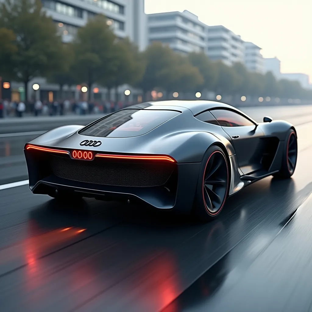 Prompt: Black Audi concept flying car, with wings, rocket exhaust 