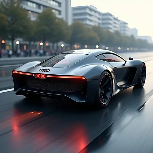 Prompt: Black Audi concept flying car, with wings, rocket exhaust 