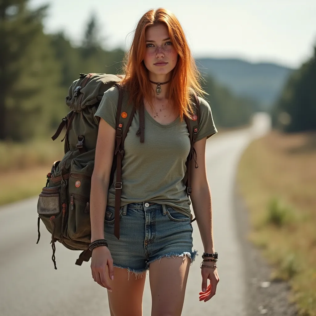 Prompt: Young woman with straight, freckles, knee high boots, shoulder length red hair, carrying a large worn backpack with patches and stickers on it, see is wear shorts and a tight t shirt, walking alongside a remote road, hitchhiker