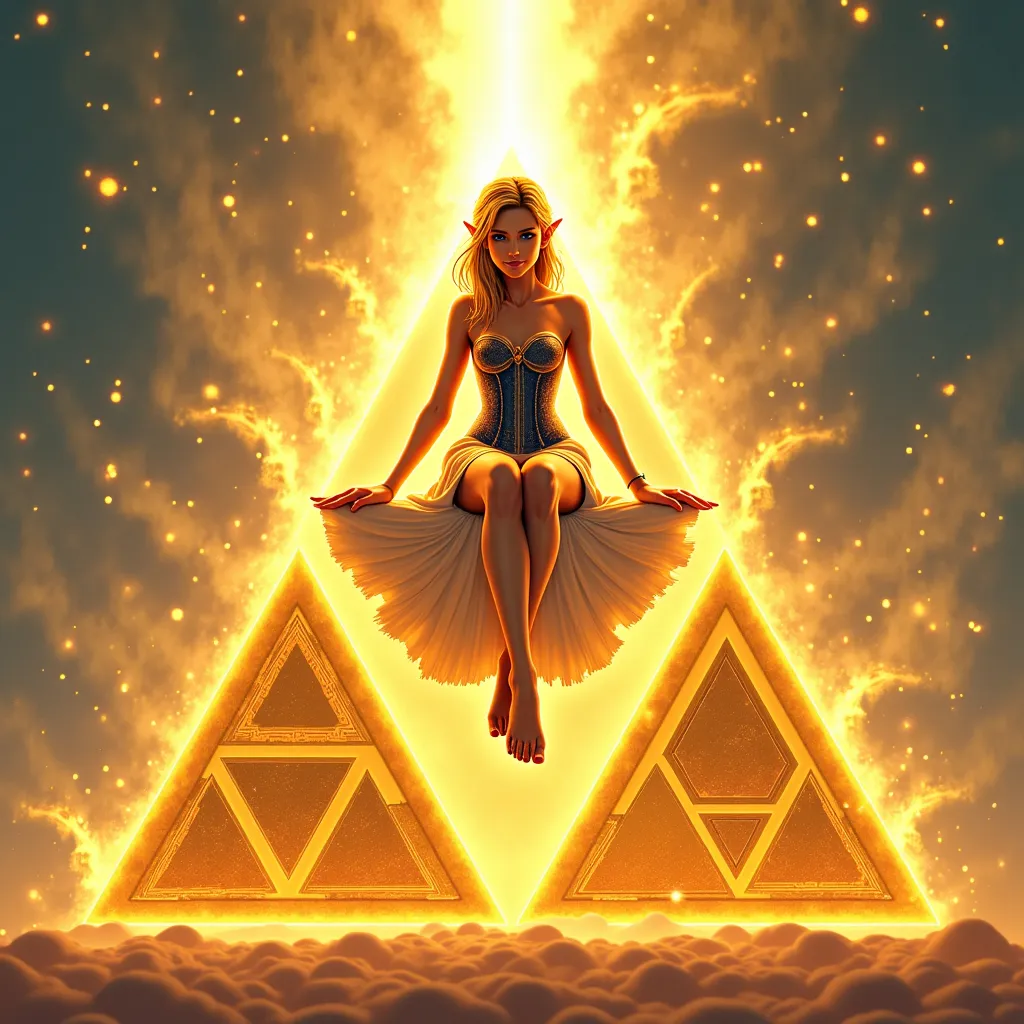 Prompt: The triforce, from “the legend of Zelda”, three golden triangle together form a triangle, heavenly, radiating power, the triforce glows in the sky, Princess Zelda sits on top of the triforce, Zelda is wearing a beautiful corset dress that is short cut, she is barefoot, she has a deviant smile.