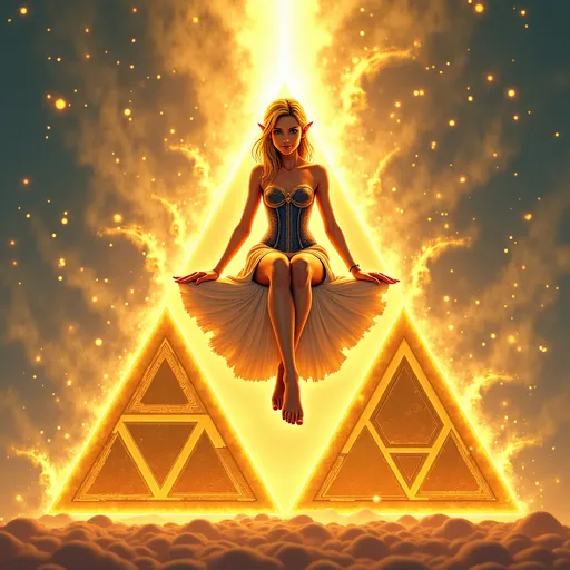 Prompt: The triforce, from “the legend of Zelda”, three golden triangle together form a triangle, heavenly, radiating power, the triforce glows in the sky, Princess Zelda sits on top of the triforce, Zelda is wearing a beautiful corset dress that is short cut, she is barefoot, she has a deviant smile.