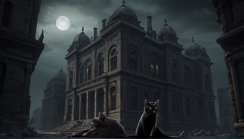 Prompt: Surrealism inspired, HP Lovecraft theme, R'lyeh, Sarnath, black cat chasing grey rats, Shadow Over Innsmouth, gloomy, ultra-detailed, surrealism, Lovecraftian, detailed architecture, eerie atmosphere, haunting shadows, dimly lit, ancient ruins, foreboding presence, surreal style, eldritch horror, dark tones, dreamlike, detailed fur, chilling atmosphere, best quality