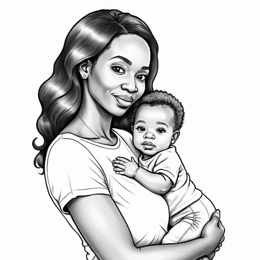 Prompt: Please create a black and white outline of a black mother holding her 1 year old child. I would like this to be a page that people can color. This should be a line drawing only, with no coloring or shading. Just an outlined sketch.