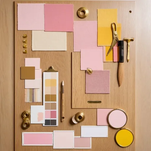 Prompt: in a desk material board for a interior design of a woman's bedroom project with light wood oak, yellows and pinks paints and fabrics texture, brass and natural wood accent