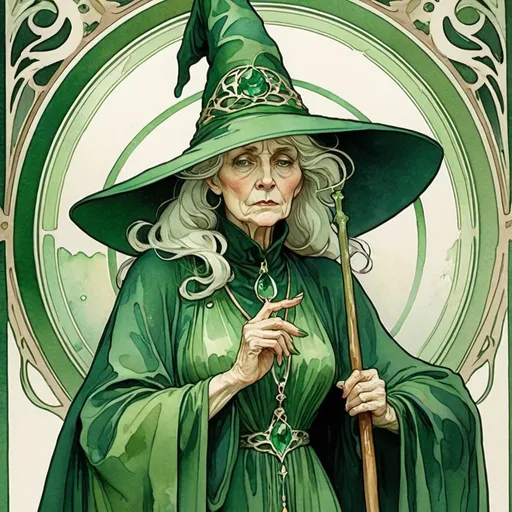 Prompt: art nouveau. style: mucha.  watercolor illustration. a tall elderly
 woman with an emerald green robe on, and a witch's green pointy hat. She holds a wand and her lips are very narrow as if in anger and disappointment.