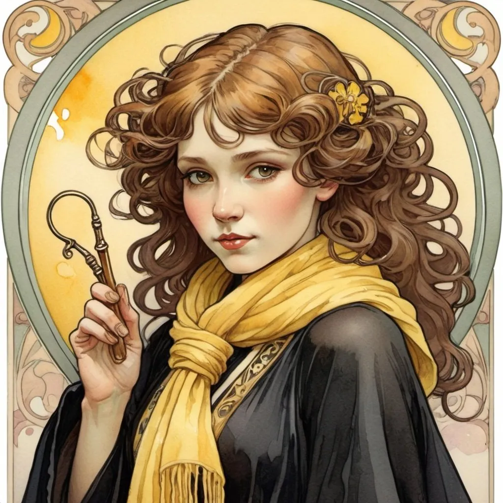 Prompt: art nouveau. style: mucha.  watercolor illustration
. a girl holding a wand, she has very bushy hair, overlarge teeth. she wears a black robe with a yellow and marroon knitted scarf wrapped around her neck